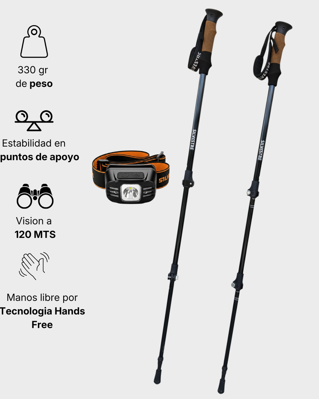Kit Alpinista: Baston de Trekking + Linterna Frontal Silvestre